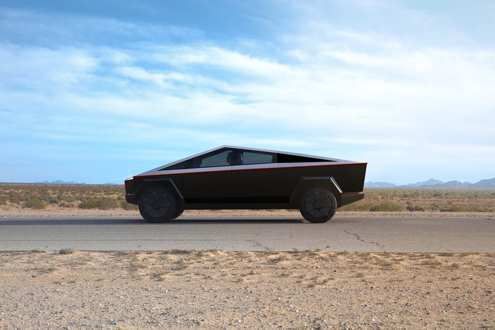 James Tesla CyberTruck with black bottom and red pinstrip dessert.jpg